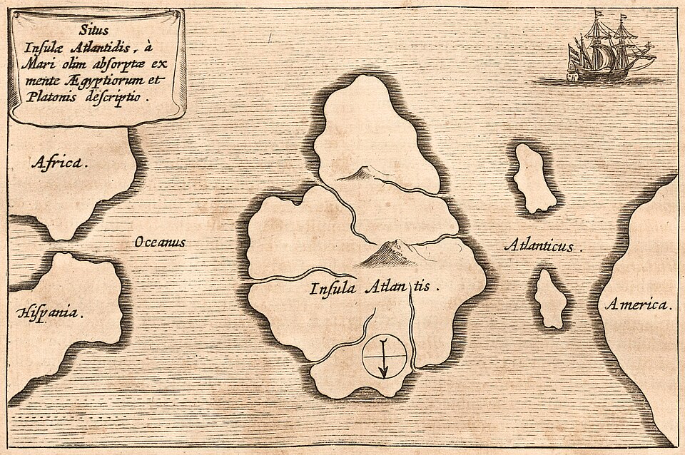 Athanasius Kircher's 1665 map showing the location of Atlantis in the Atlantic Ocean