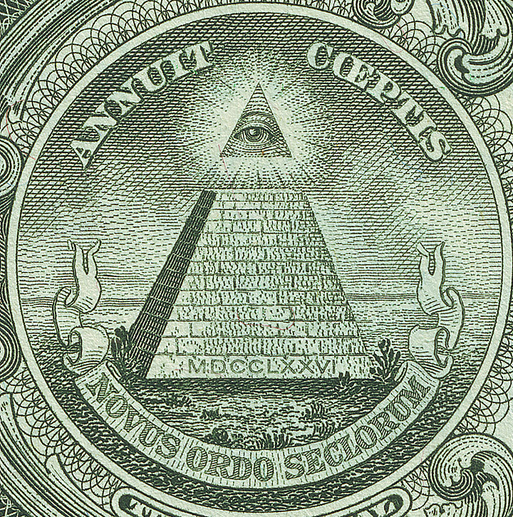 Reverse side of the Great Seal of the United States showing the unfinished pyramid and All-Seeing Eye