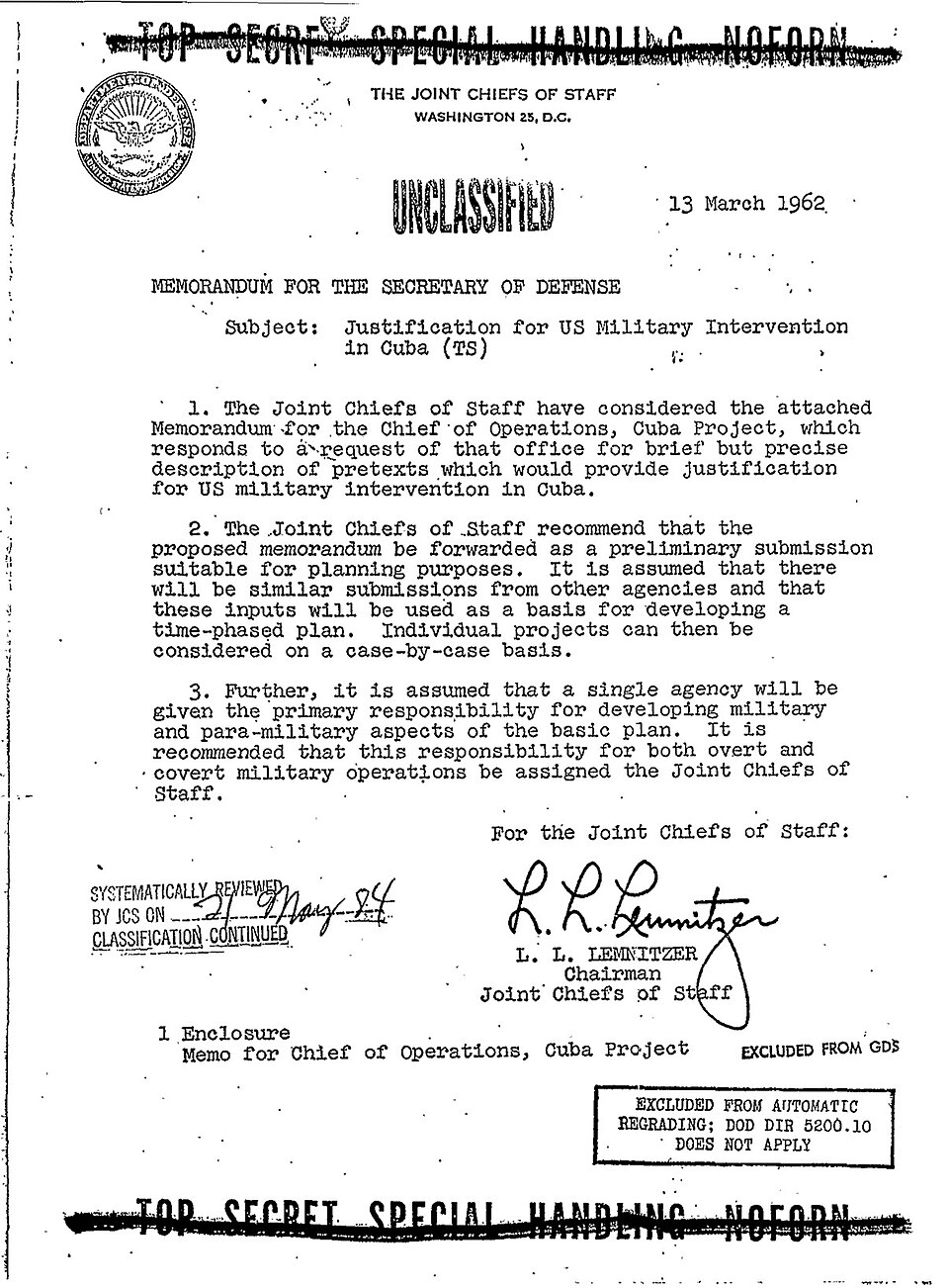 Cover page of the declassified Operation Northwoods document, 1962